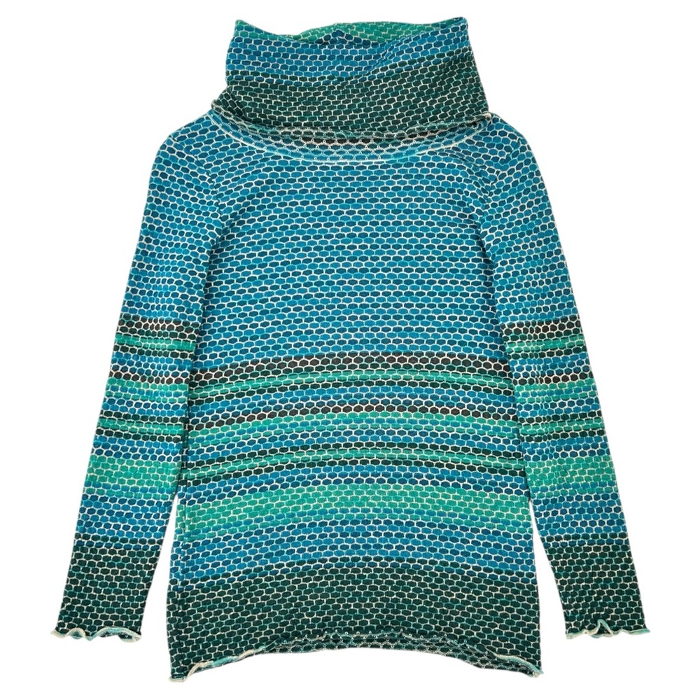 MISSONI Blue & Green Geometric Merino Wool Blend Wide Turtleneck Knit Sweater